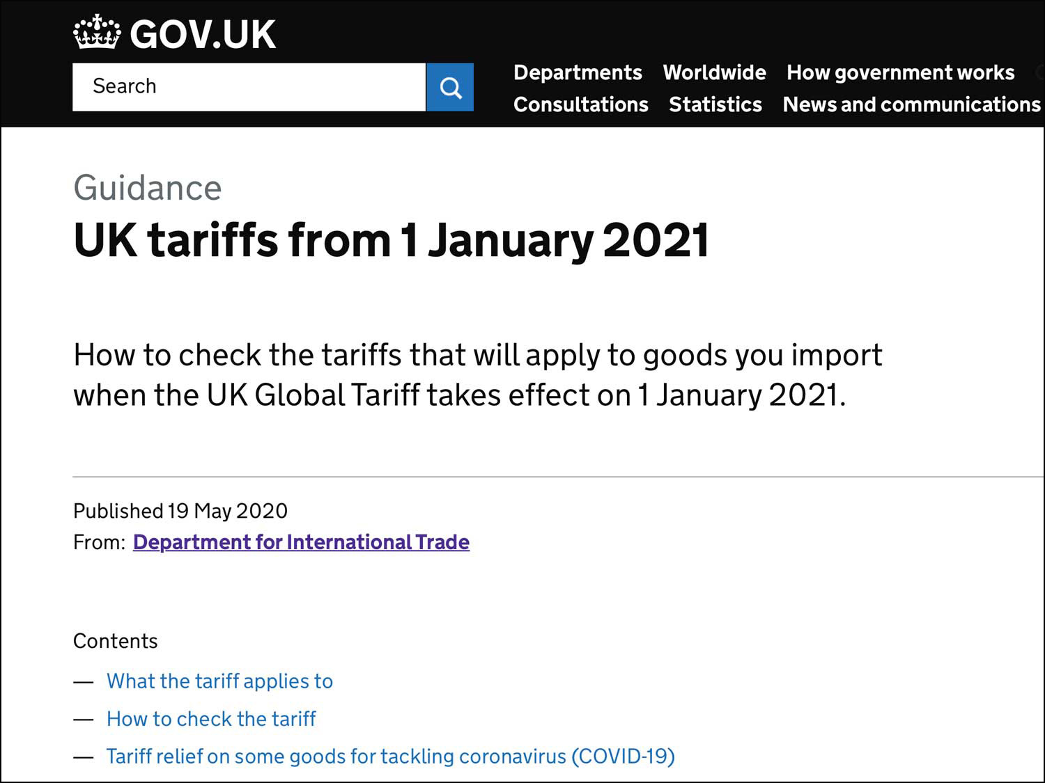 Post Brexit tariff revealed assuming No Deal exit